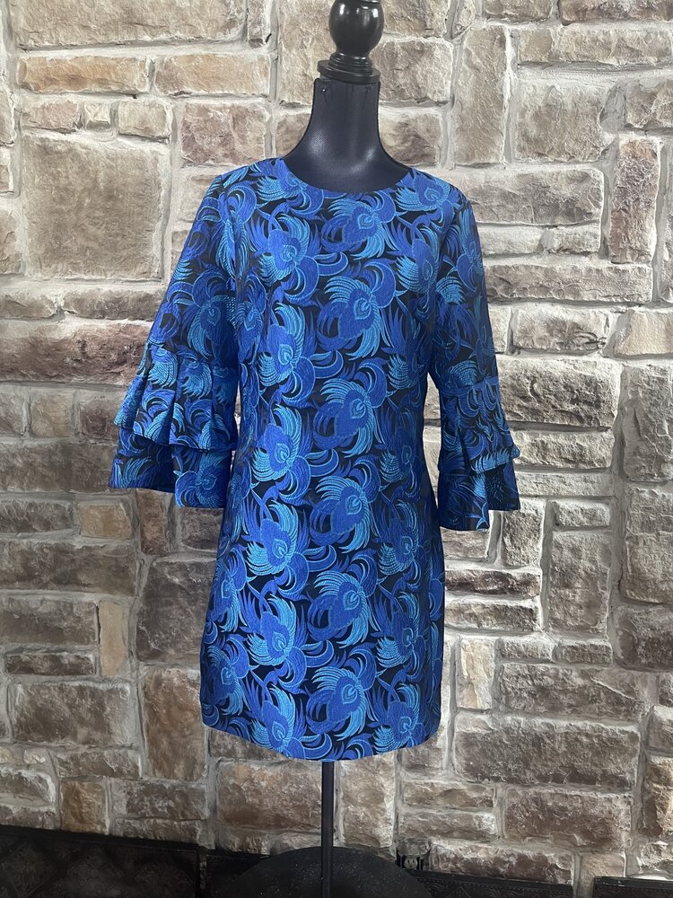 Belle Badgley Mischka Badgley Mischka Blue and Black Pattern Dress w/ Bell Sleeves, Size 12