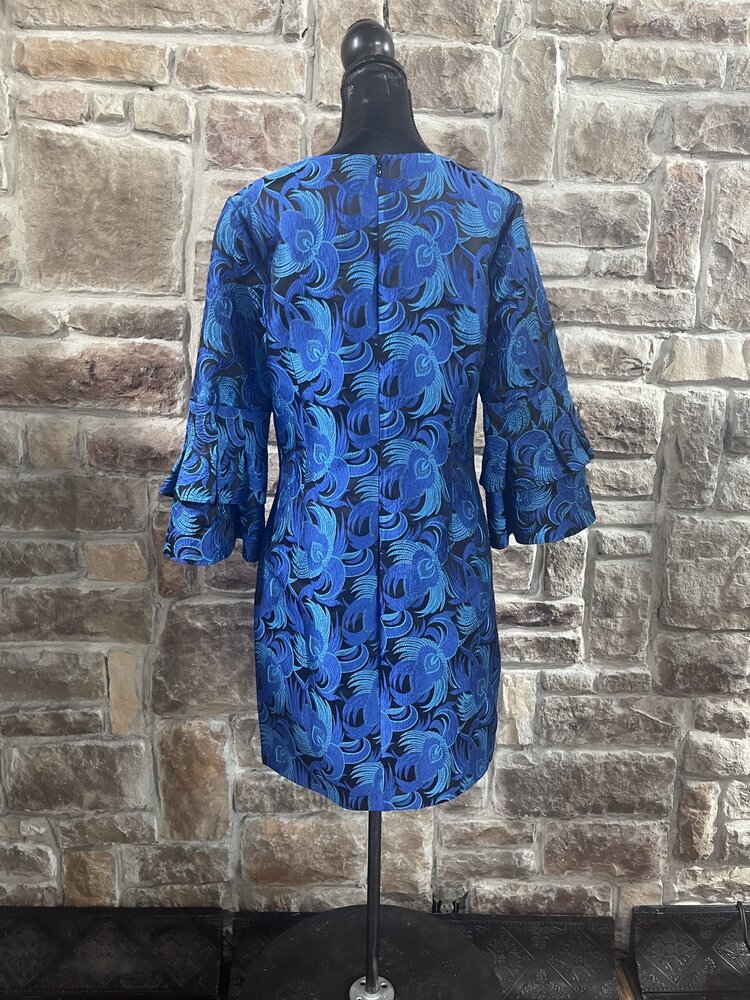 Belle Badgley Mischka Badgley Mischka Blue and Black Pattern Dress w/ Bell Sleeves, Size 12