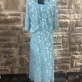 Sky Blue 2pc Dress w/ Floral Print and Beading, Size 8P