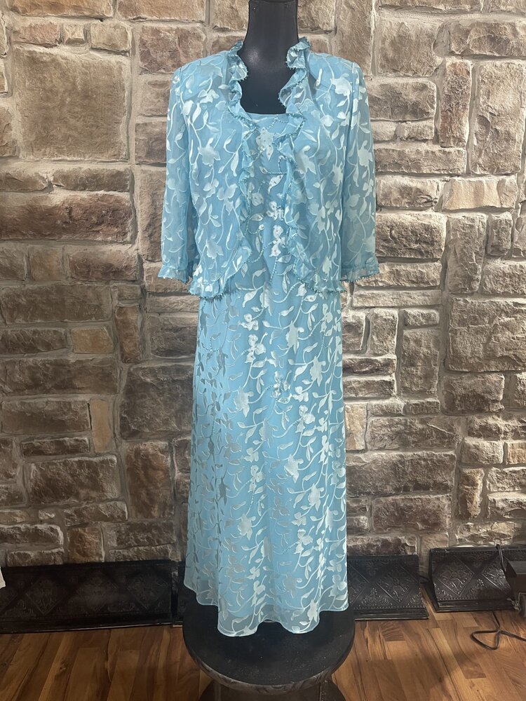 Sky Blue 2pc Dress w/ Floral Print and Beading, Size 8P