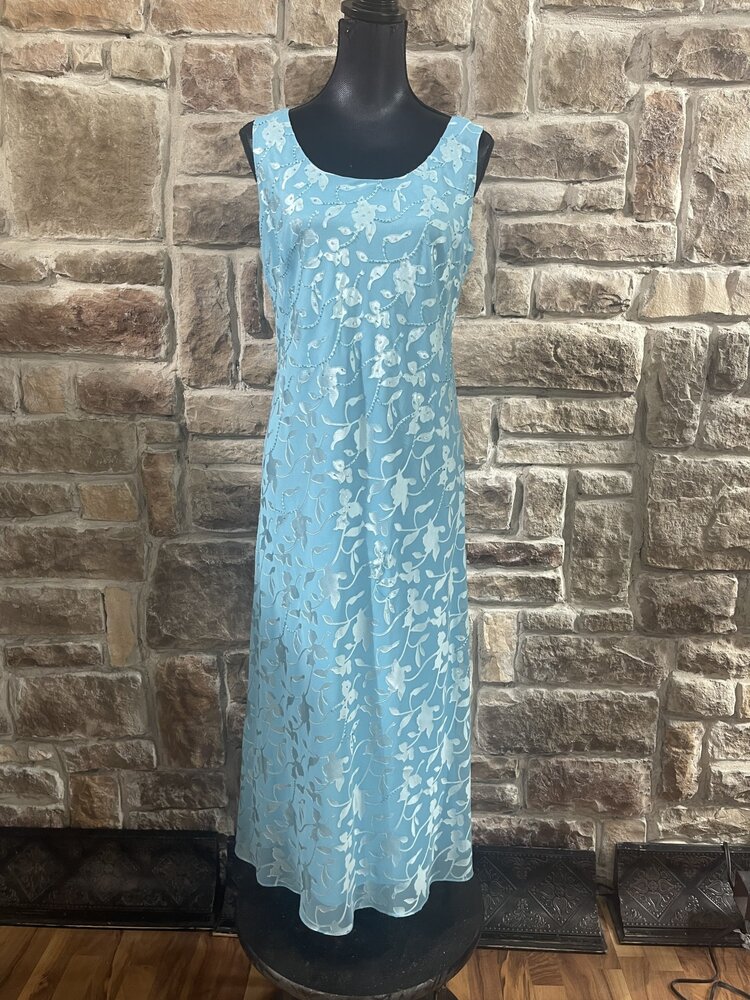 Sky Blue 2pc Dress w/ Floral Print and Beading, Size 8P