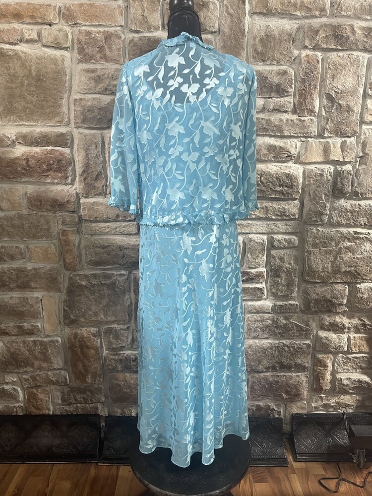 Sky Blue 2pc Dress w/ Floral Print and Beading, Size 8P