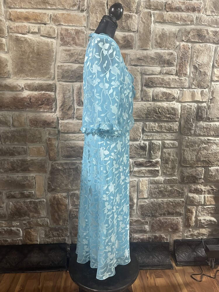 Sky Blue 2pc Dress w/ Floral Print and Beading, Size 8P