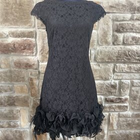 Jessica Simpson Black Lace Overlay With Ruffle And Feather Detailed Bottom Shift Dress, Size 6