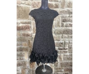 Black Lace Overlay With Ruffle And Feather Detailed Bottom Shift Dress,  Size 6 - Elements Unleashed