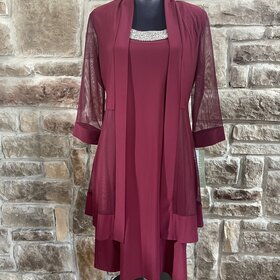 R & M Richards Burgundy Dress With Silver Beaded Neck Line With Jacket, Size M