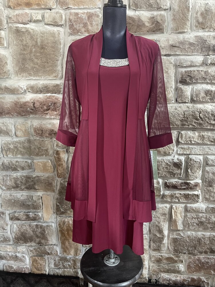 R & M Richards Burgundy Dress With Silver Beaded Neck Line With Jacket, Size M