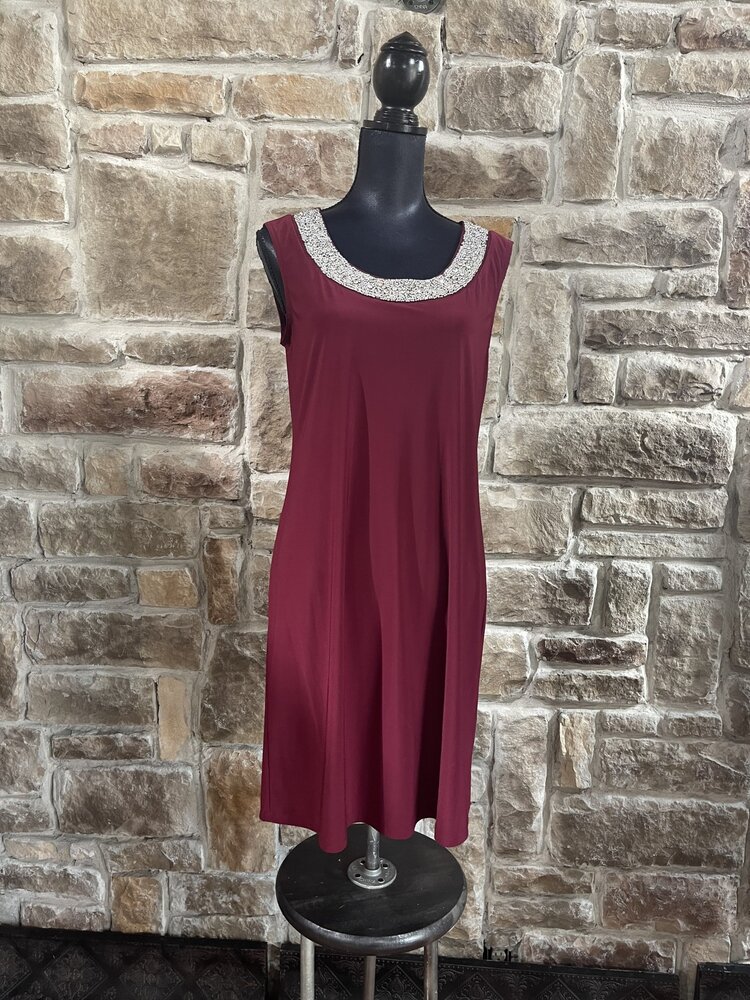 R & M Richards Burgundy Dress With Silver Beaded Neck Line With Jacket, Size M