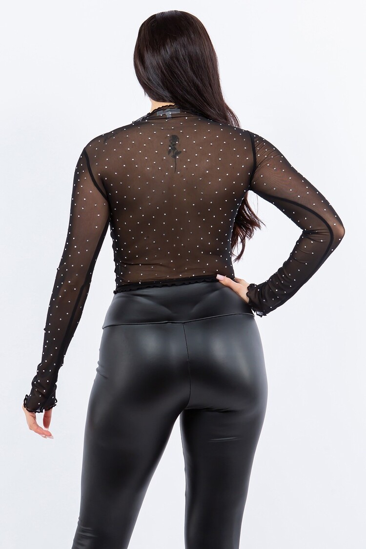 Black Sheer Mesh Crop Top With Rhinestones
