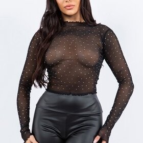 Black Sheer Mesh Crop Top With Rhinestones