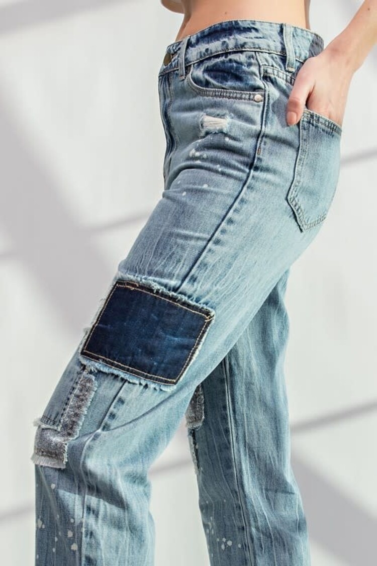 Easel Blue Denim Patchwork Paint Splatter Jeans