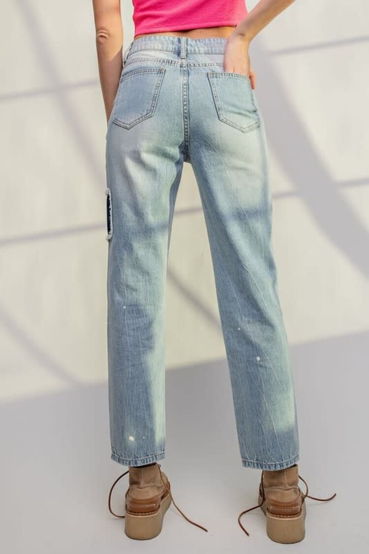 Easel Blue Denim Patchwork Paint Splatter Jeans