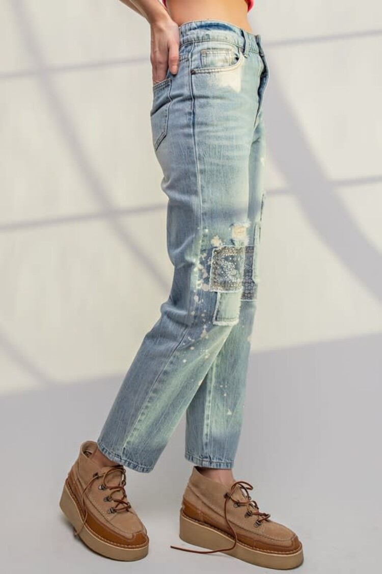 Easel Blue Denim Patchwork Paint Splatter Jeans