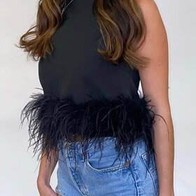 May Blue Black Tank Top w/ Feather Trim