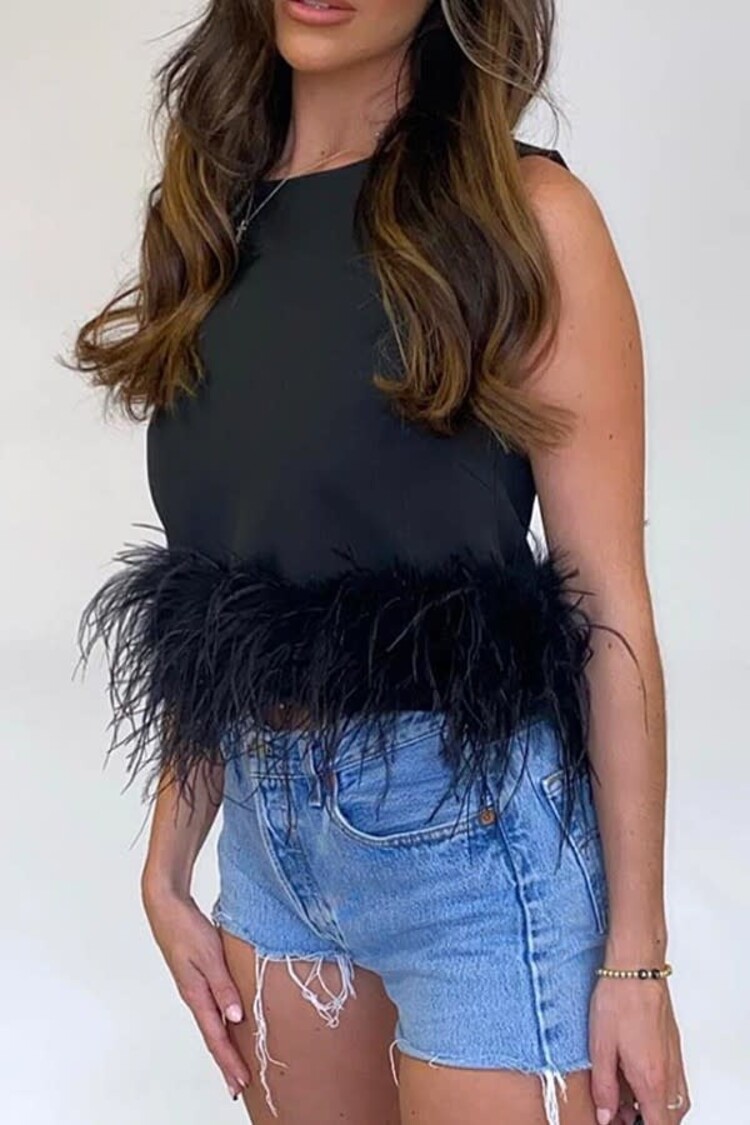 May Blue Black Tank Top w/ Feather Trim
