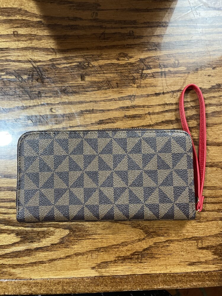 Luxie Collection Two Toned Brown Patterned Red-Strapped Zippered Wallet