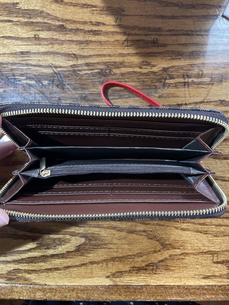 Luxie Collection Two Toned Brown Patterned Red-Strapped Zippered Wallet