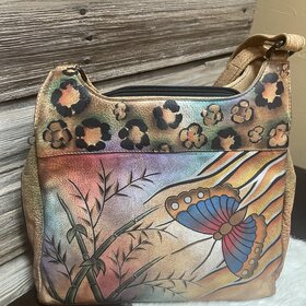 Anuschka Tan w/ Floral Anuschka Hand Painted Triple Compartment Satchel