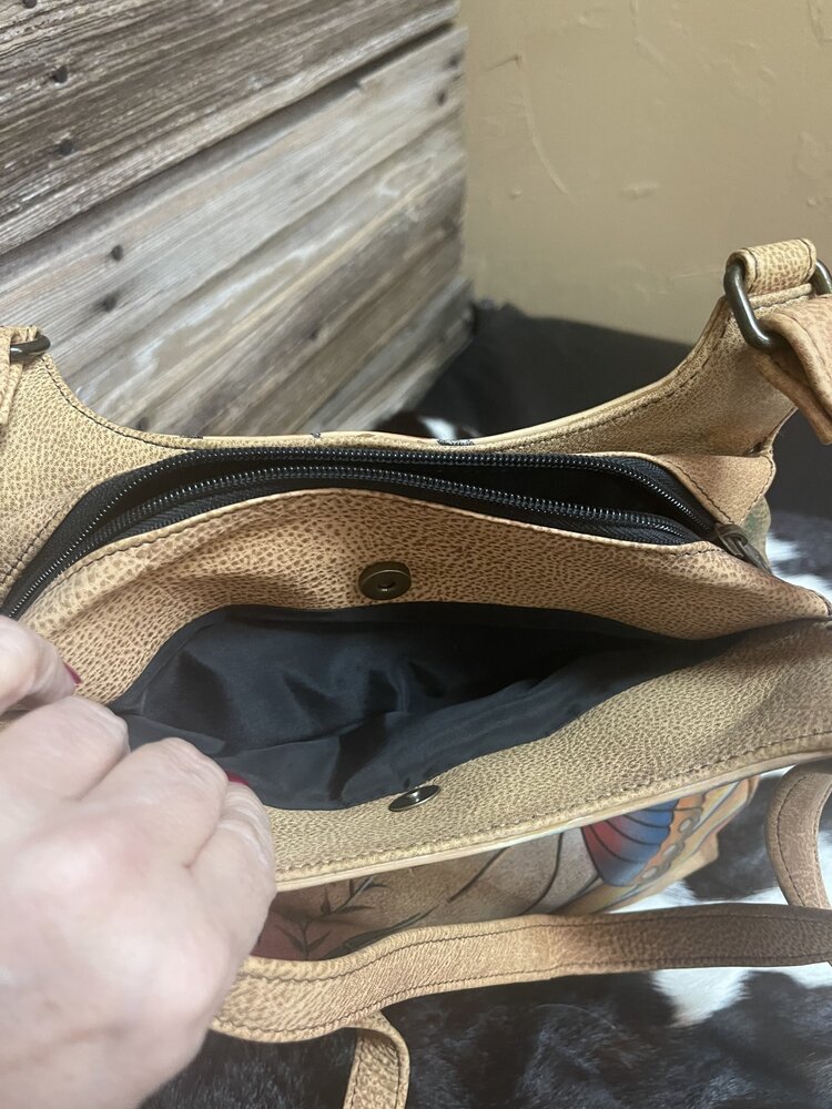 Anuschka Tan w/ Floral Anuschka Hand Painted Triple Compartment Satchel