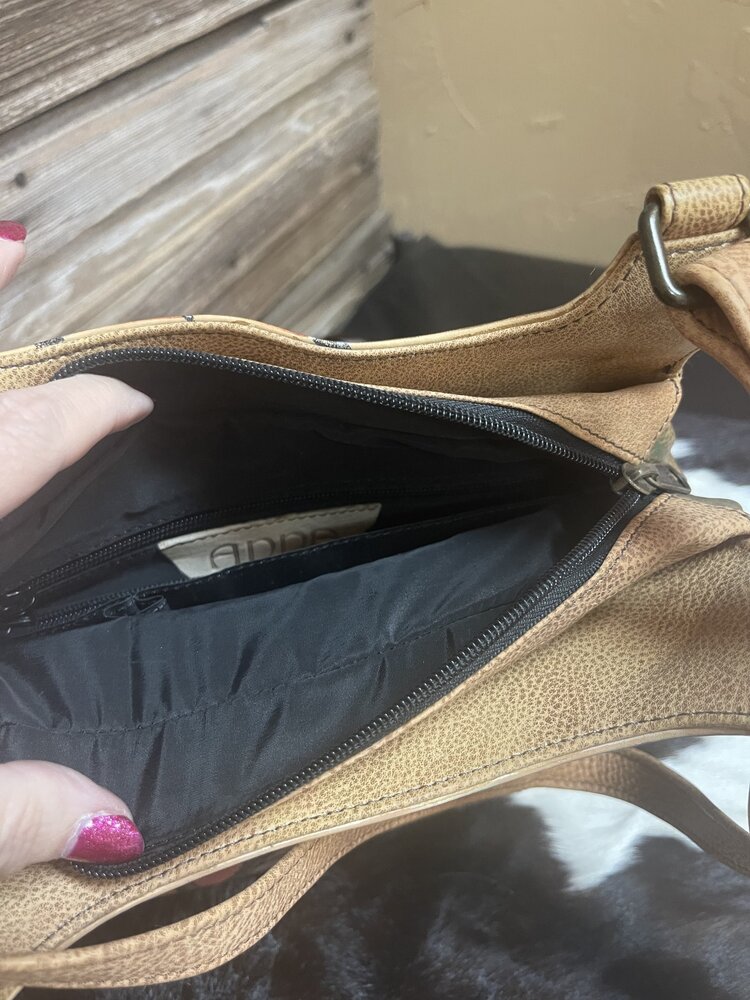 Anuschka Tan w/ Floral Anuschka Hand Painted Triple Compartment Satchel