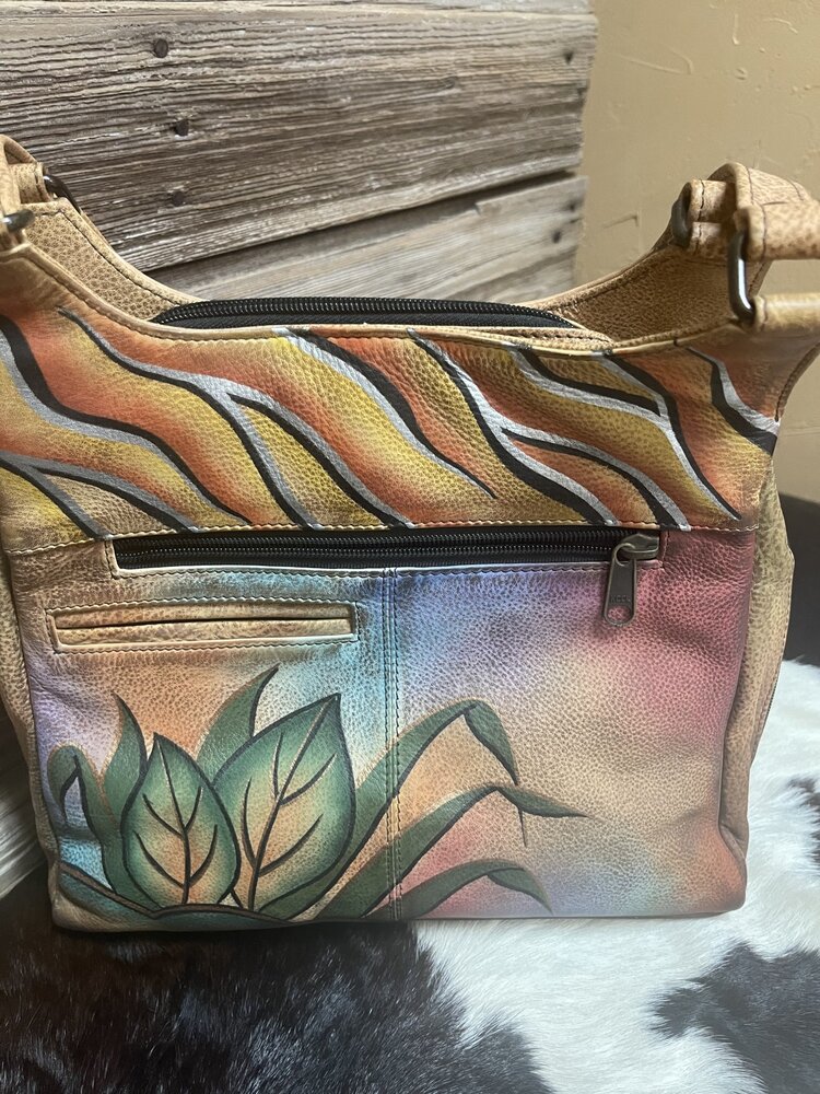 Anuschka Tan w/ Floral Anuschka Hand Painted Triple Compartment Satchel