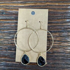 Gold Circle Earrings with Black Gem