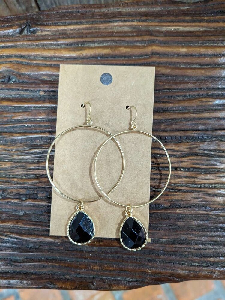 Gold Circle Earrings with Black Gem