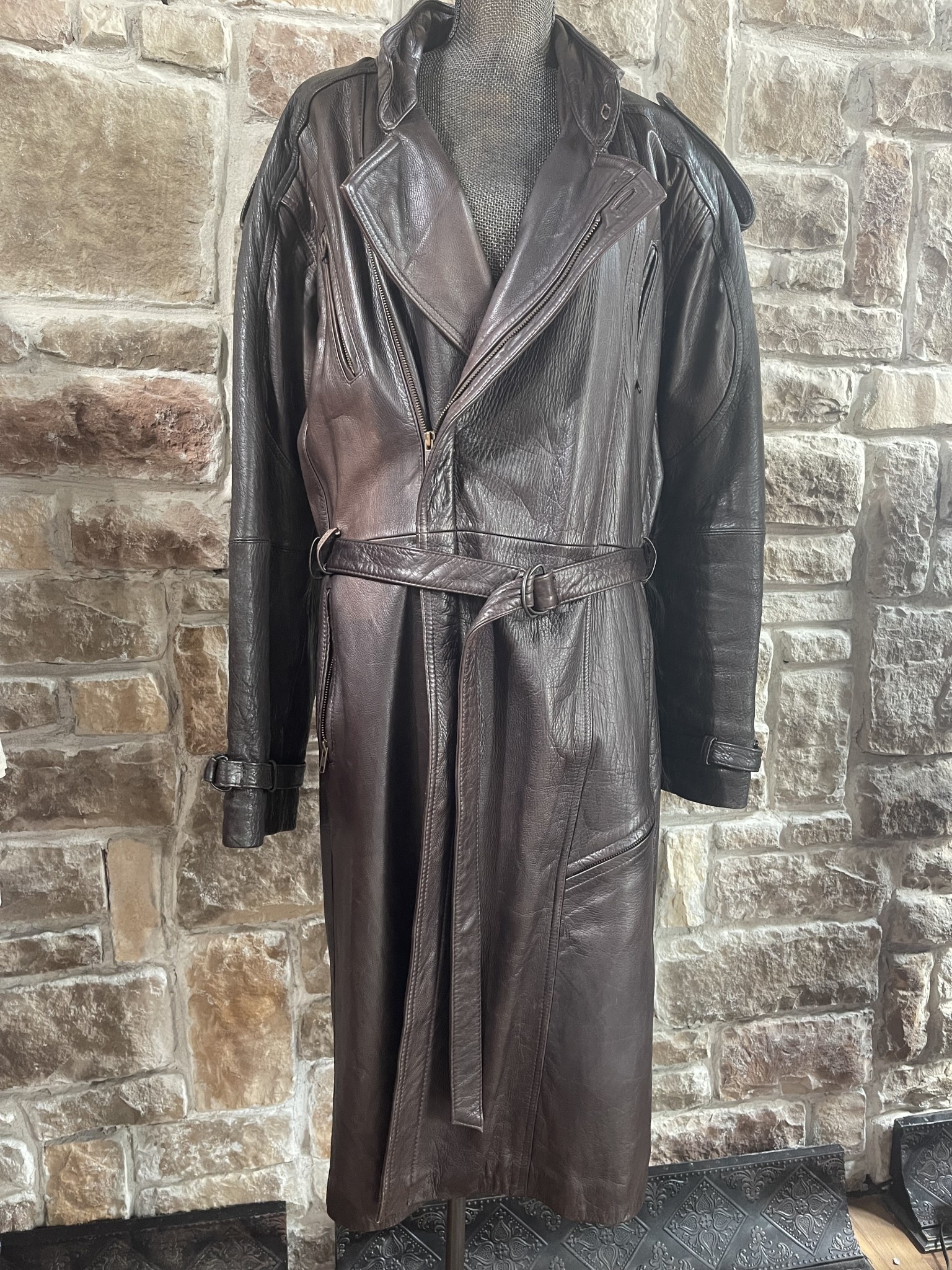Men's Brown Leather trench Coat, Size 46 - Elements Unleashed