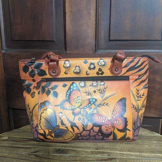 Blue Butterfly Anuschka Hand Painted Leather Bag - Elements Unleashed