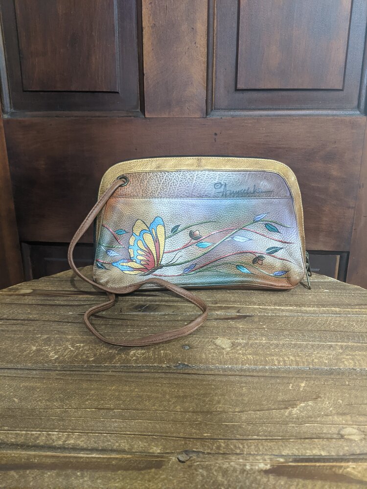 Tan Butterfly Anuschka Hand Painted Small Hobo Cross Bag