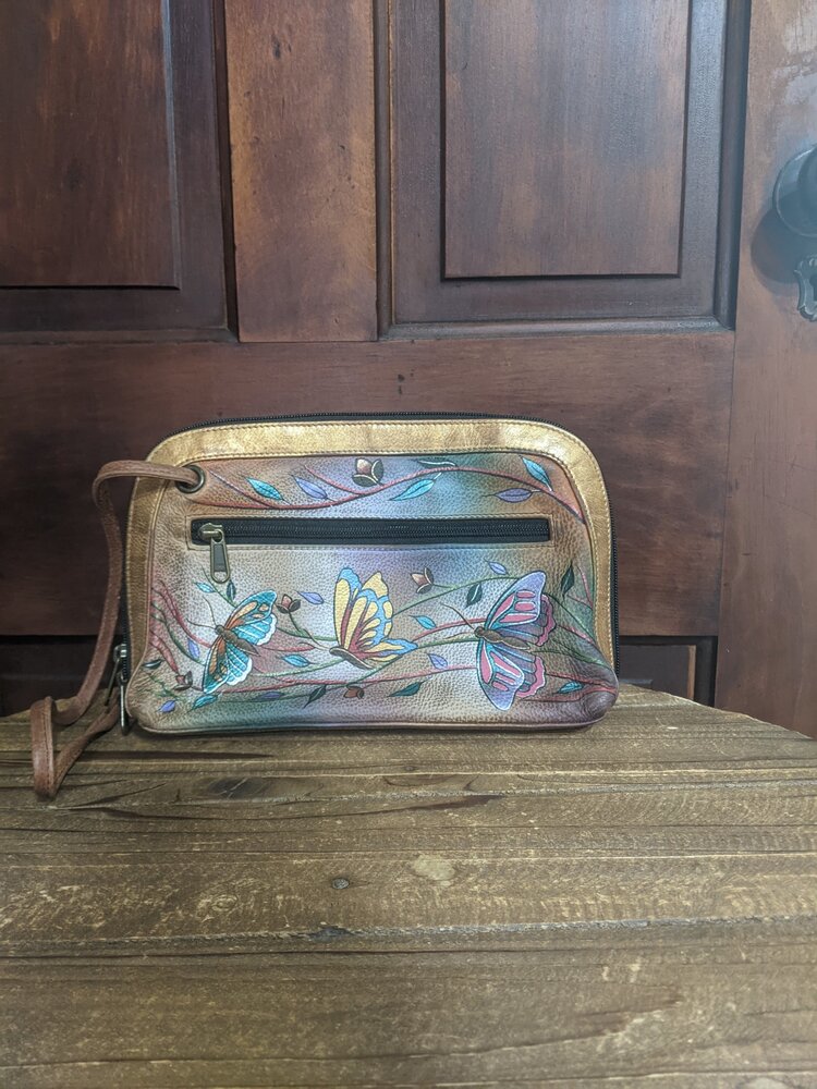 Tan Butterfly Anuschka Hand Painted Small Hobo Cross Bag