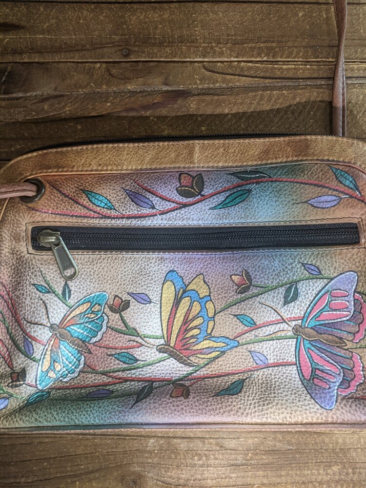 Tan Butterfly Anuschka Hand Painted Small Hobo Cross Bag