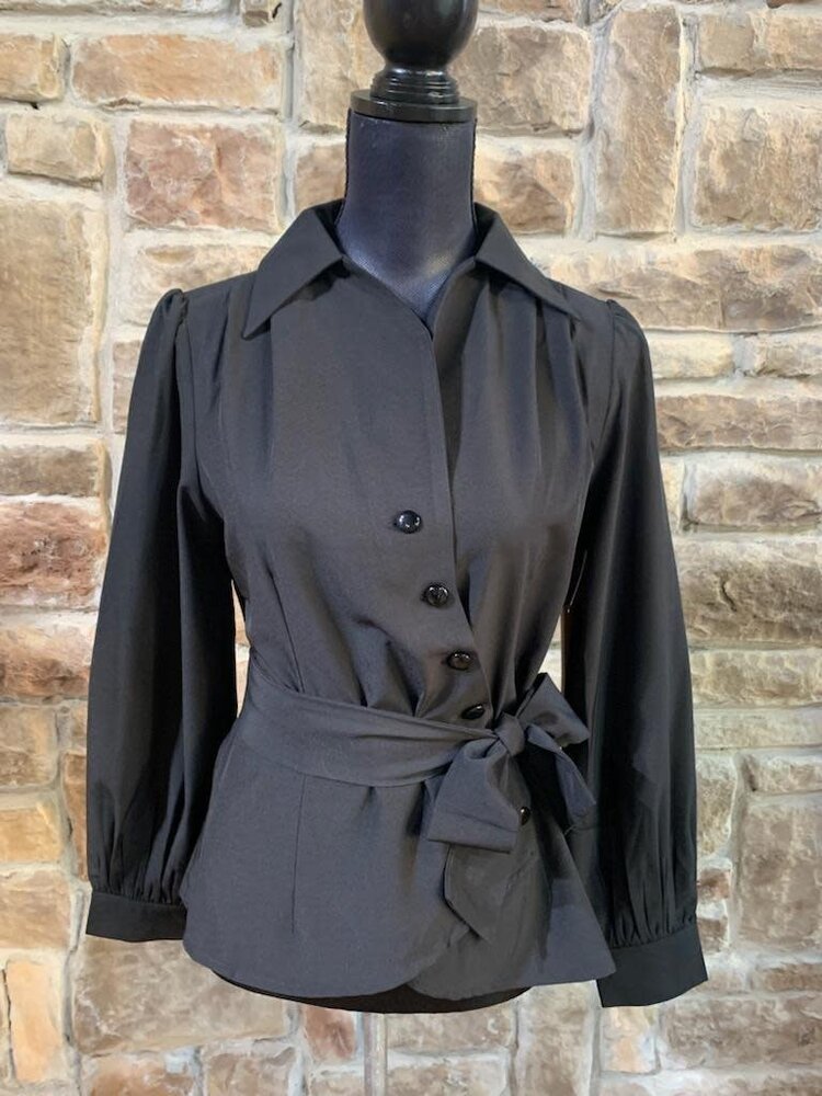 Chic Star Black Blouse with Buttons and Tie