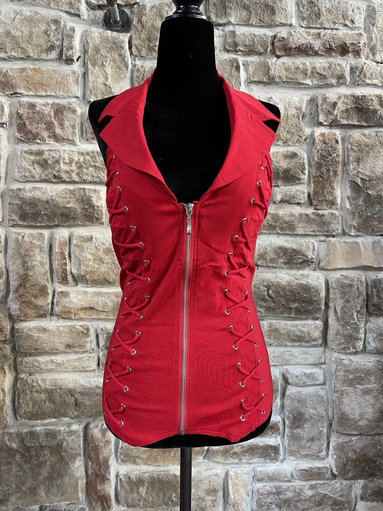 Lydia USA Red Lace-Up Halter Top w/Collar, Cross Back