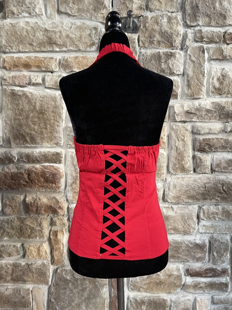 Lydia USA Red Lace-Up Halter Top w/Collar, Cross Back