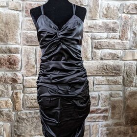 Hearts Rob Black Satin Ruched Double Strap Dress