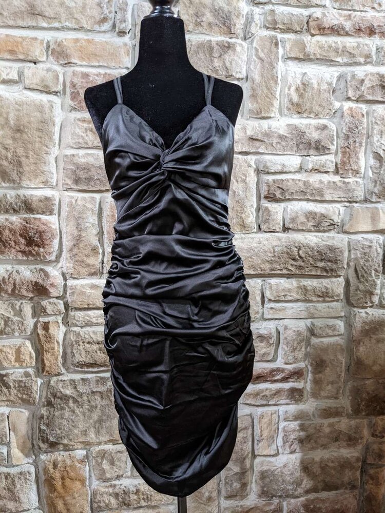 Hearts Rob Black Satin Ruched Double Strap Dress