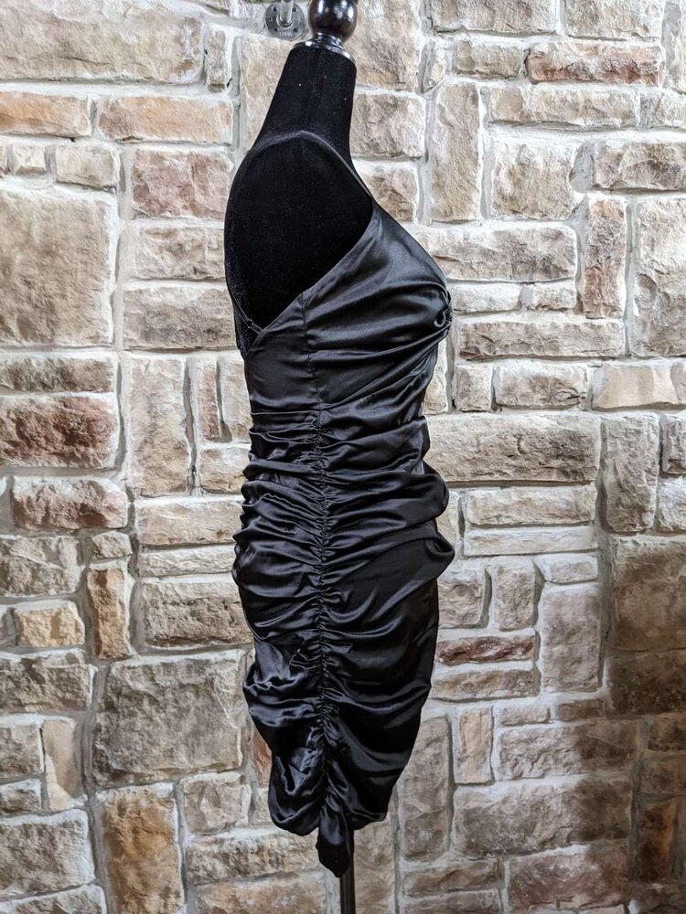 Hearts Rob Black Satin Ruched Double Strap Dress