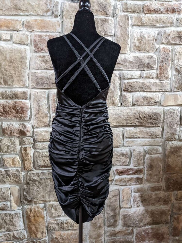 Hearts Rob Black Satin Ruched Double Strap Dress