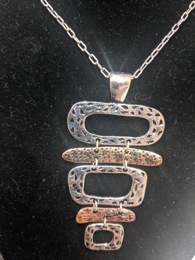 Silver Necklace with Silver, Gold, and Bronze Rectangular Pendants