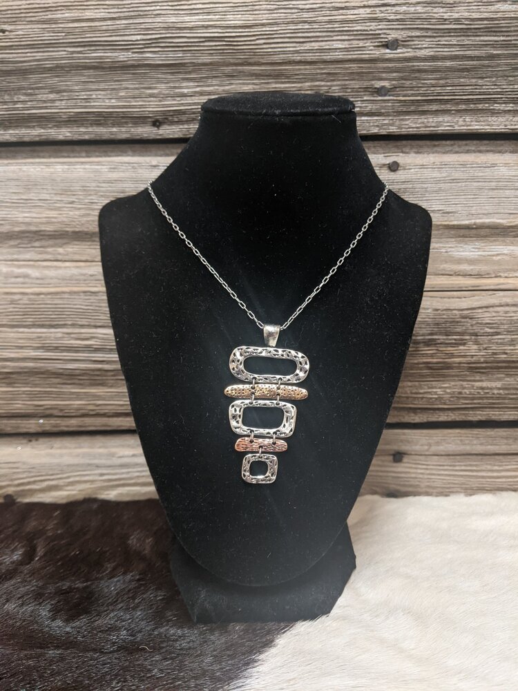 Silver Necklace with Silver, Gold, and Bronze Rectangular Pendants