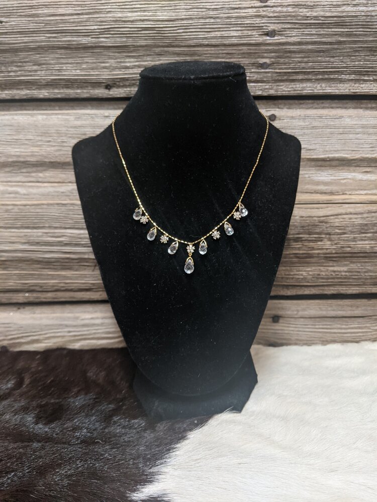 Gold Necklace with Crystal Drops and Flowers
