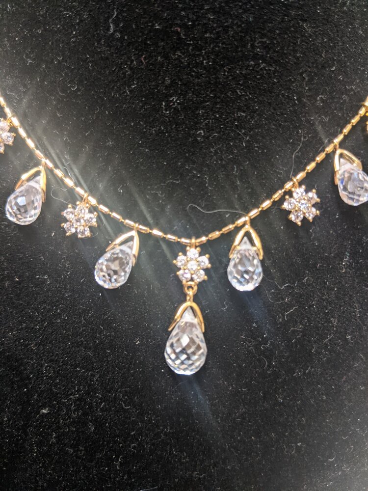 Gold Necklace with Crystal Drops and Flowers