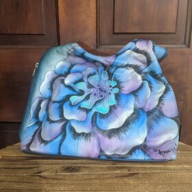 Anuschka Anuschka Hand Painted Blue Flower Classic Hobo Bag with Side Zippers