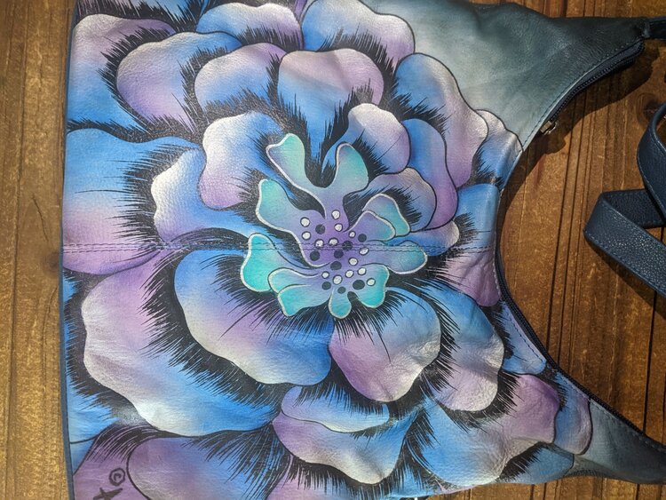 Anuschka Anuschka Hand Painted Blue Flower Classic Hobo Bag with Side Zippers