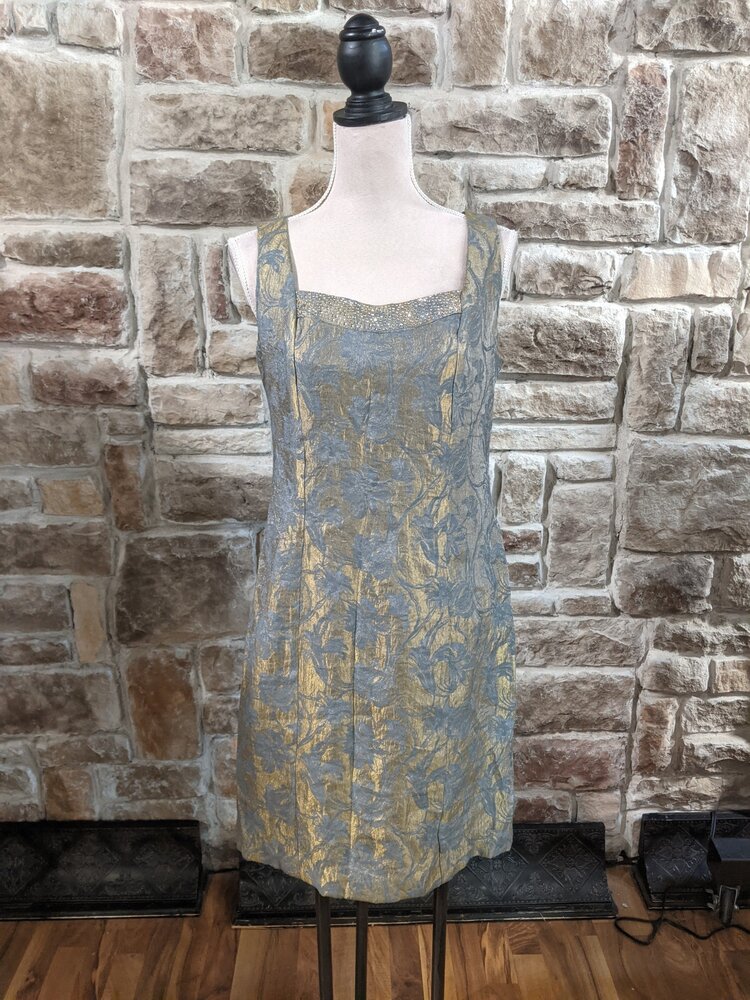 Gold Dress w/ Grey Floral Detail, Size 8