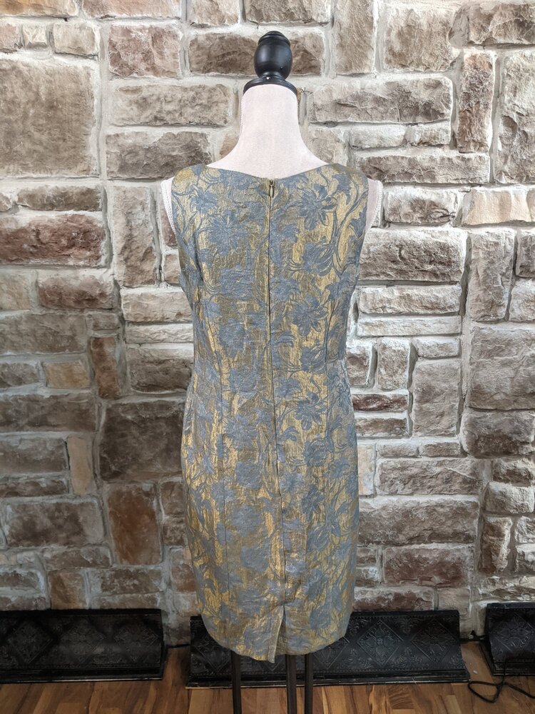 Gold Dress w/ Grey Floral Detail, Size 8
