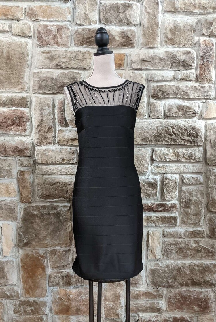 Nightway Black Dress With Beaded Neckline, Size 8