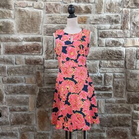 Ellen Tracy Navy With Coral And Pink Floral Pattern, Size 8