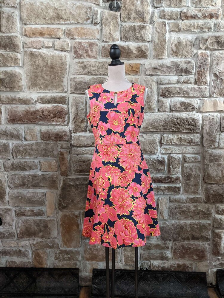 Ellen Tracy Navy With Coral And Pink Floral Pattern, Size 8